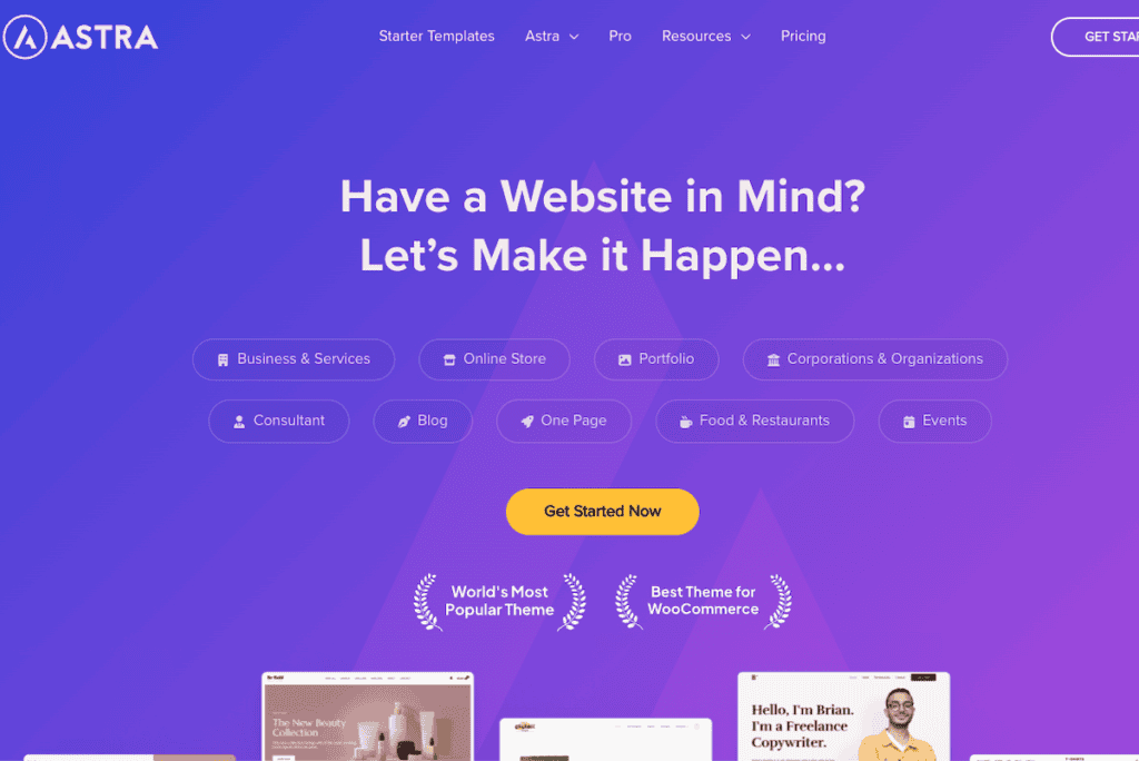 Homepage of the Astra WordPress theme with the tagline 'Have a Website in Mind? Let’s Make it Happen...' featuring categories like Business & Services and Portfolio, along with award icons for its popularity and WooCommerce compatibility.