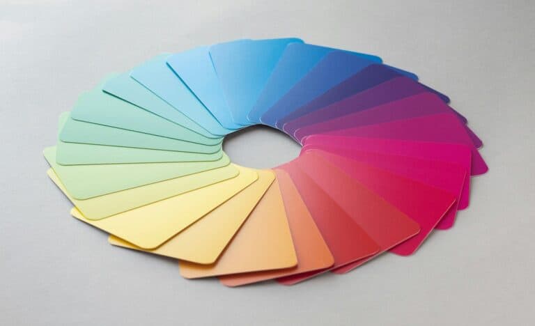 A spiral arrangement of color cards transitioning smoothly through shades of green, blue, purple, red, and yellow on a neutral gray background, illustrating a spectrum of hues.