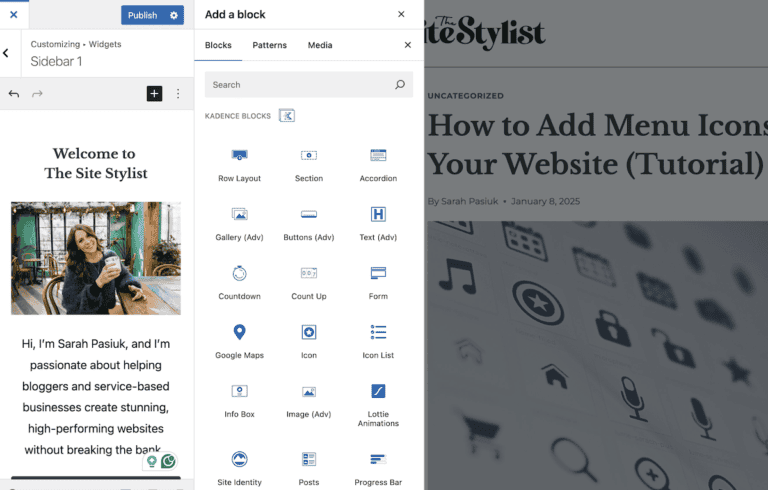 A WordPress block editor interface with the Kadence Blocks menu open. The sidebar shows block options like Row Layout, Accordion, and Buttons (Adv), while the preview pane displays a site customization with text introducing "The Site Stylist.