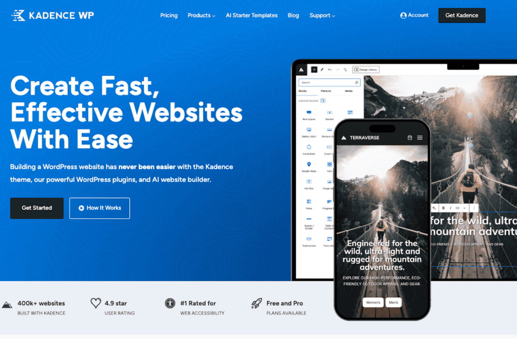 Homepage of the Kadence WordPress theme showcasing features like fast, effective website building with customizable blocks and templates. Displays a website design editor and a mobile preview with an adventure-themed layout.