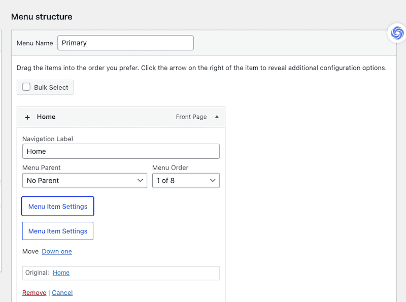 Screenshot of the Menu Structure editor labeled 'Primary.' It shows the navigation label 'Home,' set as the front page with no parent, and positioned as '1 of 8' in the menu order. Options include 'Menu Item Settings,' and buttons to move or remove the menu item are visible.